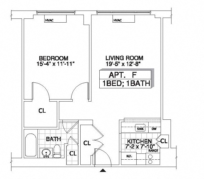 Floor plan for 1 bed, 1 bath, 760 sqft